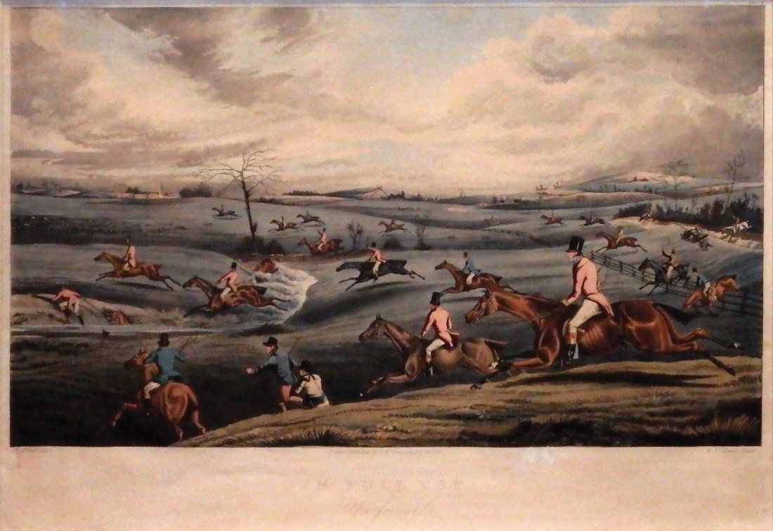 In Full Cry / Yoi Forward: Henry Thomas Alken (1785-1851). London: J. McCormick. Hand-colored Lithograph. 14 1/4 x 20 1/2 inches visible, 25 1/2 x 30 1/4 inches framed.