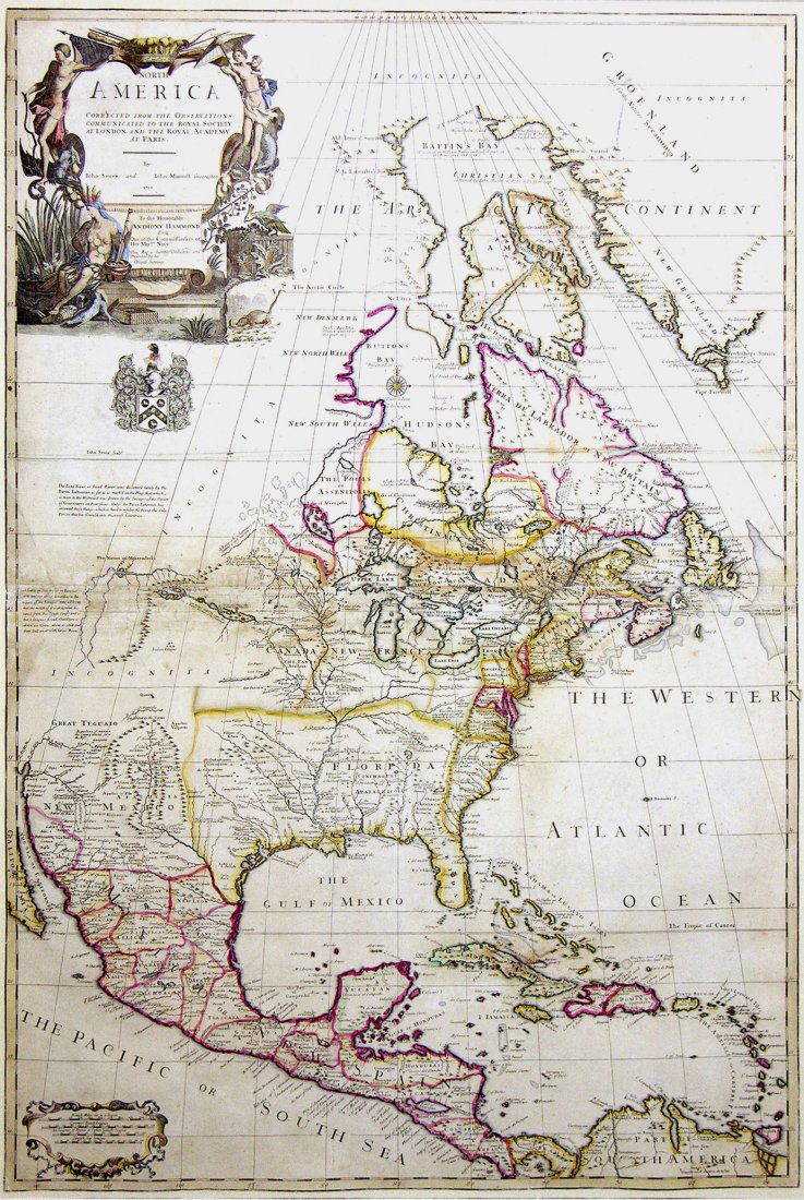 North America Corrected from the Observations: John Senex (1678-1740) (and John Maxwell). London: Senex, 1710. Engraved map with original hand color in outline. 37 x 25 inches sheet, 48 5/8 x 36 5/8 inches framed