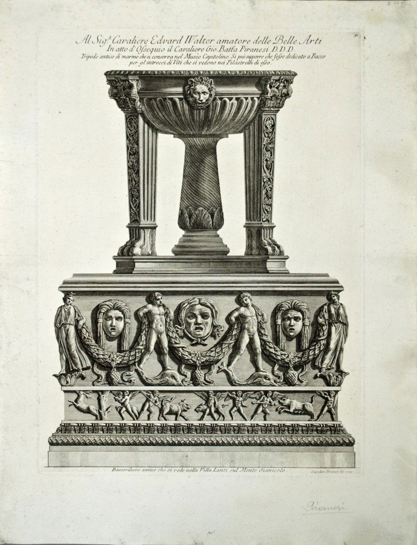 Tripod, Museo Capitolino...: Tripod, Museo Capitolino; Base Villa Lante (Marble Tripod with Central Support), Plate 91. Giovanni Battista Piranesi (1720-1778). From Vasi, Candelabri, Cippi, Sarcofagi, Tripod Rome: c. 1770s. Etchi