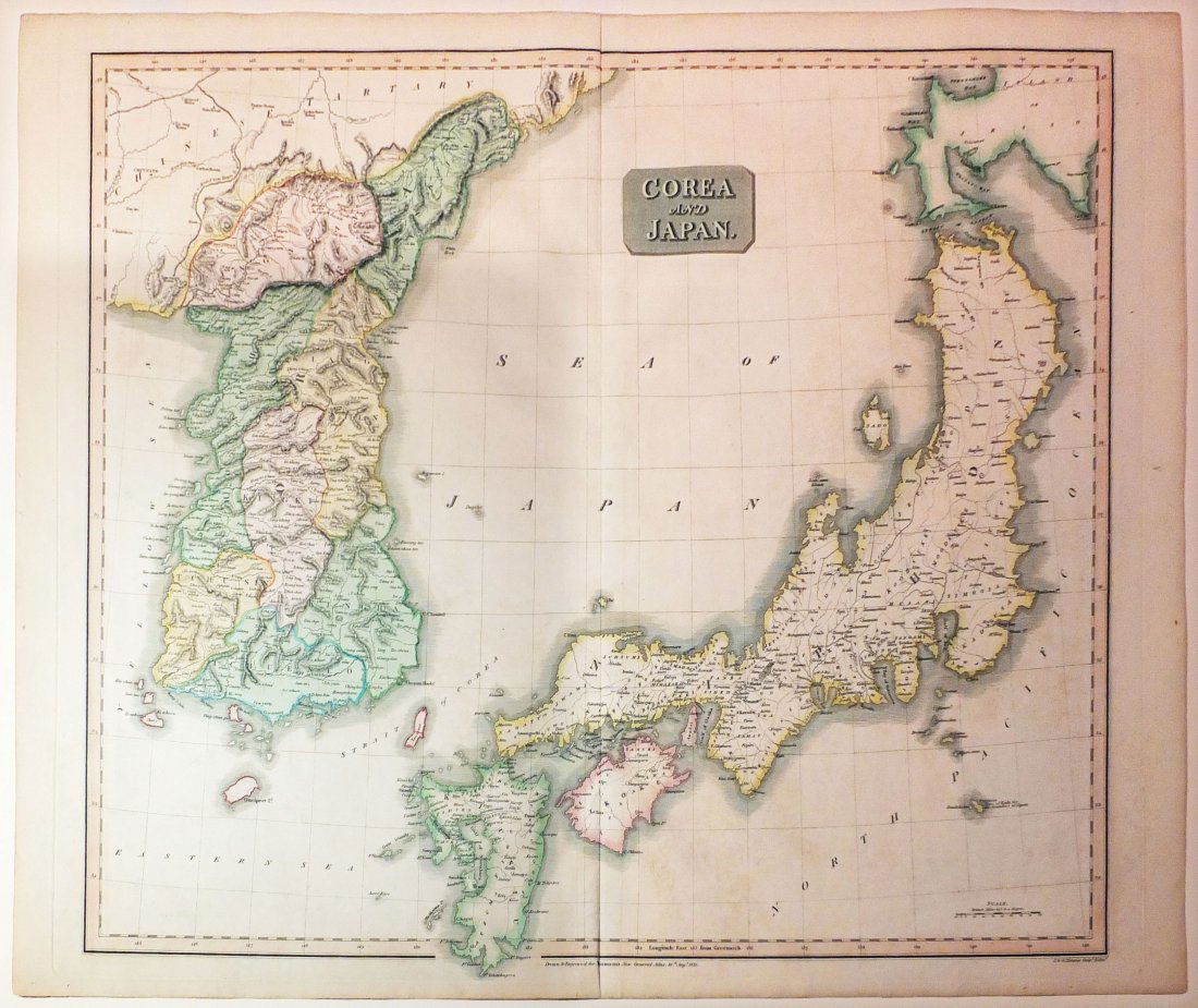 Corea and Japan: John Thompson (1777-c. 1840). Engraved Map with hand color in part. Edinburgh: Thompson, 1815. 21 x 28 inches sheet. This is the first of Thomson’s major cartographic works and the atlas for which i