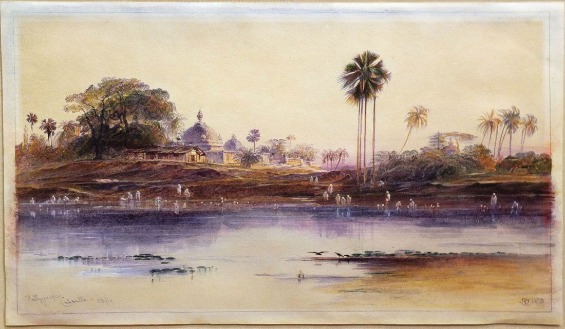 Figures on the Banks of the River Hoogly, Tollygunge: Edward Lear (1812-1888). Pencil and watercolor on paper, heightened with touches of white. Signed with monogram and further dated 1878 LR. 9 1/2 x 15 1/2 inches paper, 26 x 20 1/4 inches framed. An ex