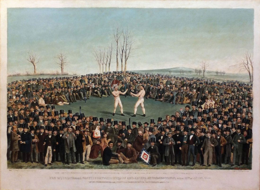 Boxing Oil Painting by Dubrecuil: The International Contest between Heenan & Sayers. Victor Dubreuil (c. 1840-1908). Oil on canvas. 31 1/2 x 41 1/2 inches canvas, 36 1/8 x 46 3/8 inches framed. “On the morning of 17 April 1860 boxin