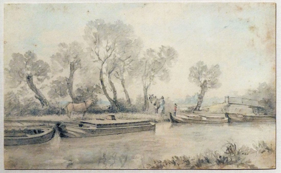 John Constable Drawing of River Stour: Barges on the River Stour at Flatford, Suffolk John Constable (1776-1837). Watercolor over pencil on laid paper. 8 x 13 inches sheet, 19 1/2 x 24 1/2 inches framed. Provenance: by descent to Captain C