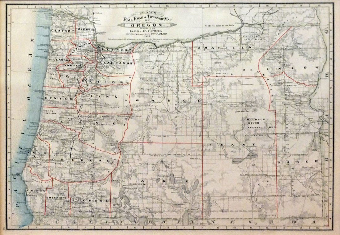 Cram's Lithographed Map of Oregon, 1881 (1 of 2)