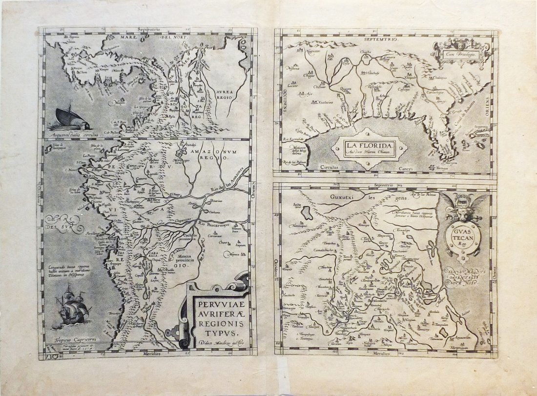 An Iconic Early Map by Ortelius of the Gulf of Meixo: Peru, Florida, & Tampeco, Mexico. Abraham Ortelius (1527-1598). Engraved map. Antwerp: Ortelius, 1575. 16 x 21 1/2 inches.An early map of part of North America to be based upon Spanish sources, specif