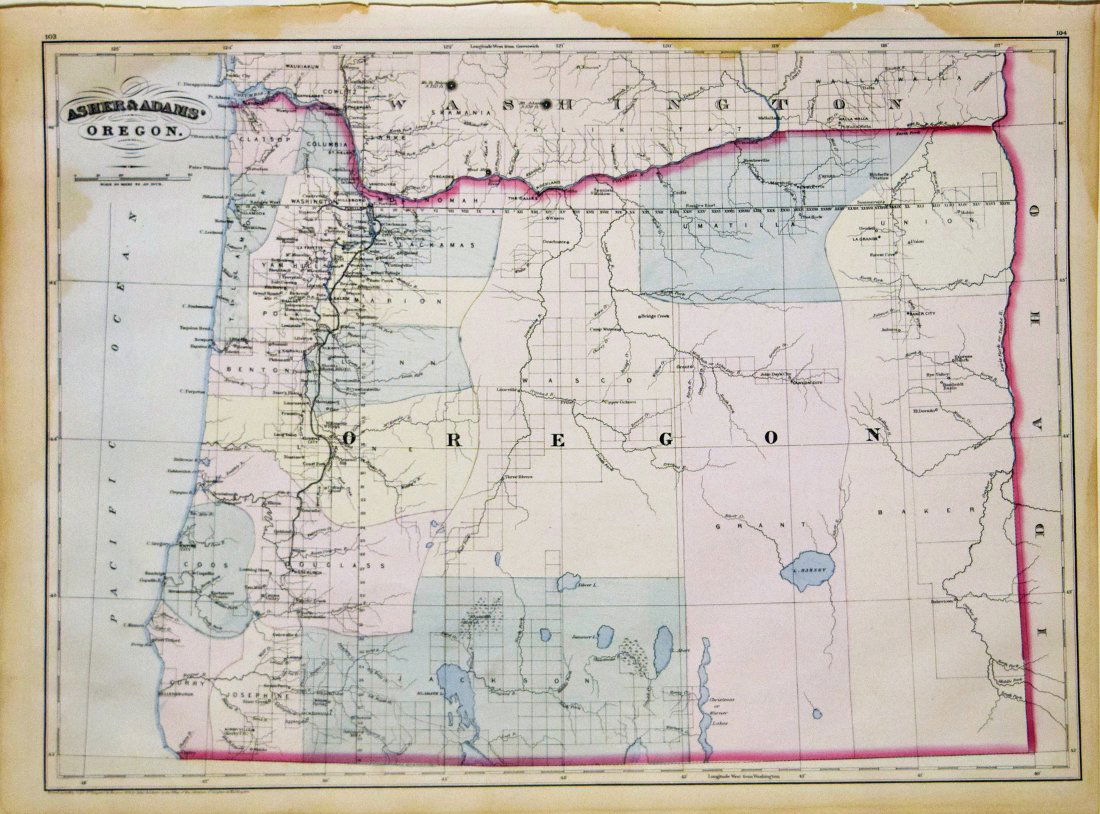Large-format Asher & Adams Lithographed Map of Oregon: Oregon. Asher & Adams (19th cent.). Color printed lithograph. New York: Asher & Adams, 1876-77. 16 1/4 x 22 1/2 inches sheet. Interesting large format map of Oregon, hand colored by counties. Several