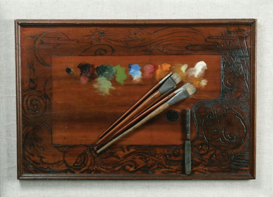 John Harberle Oil on Panel of his Artist's Palette: The Artist's Palette. John Haberle (1856–1933). Oil on panel. 1890. 18 1/2 x 27 3/4 inches. Provenance: Berry-Hill, New York; Property of a New York Family. Exhibitions: Fort Worth, Texas, Amon Cart