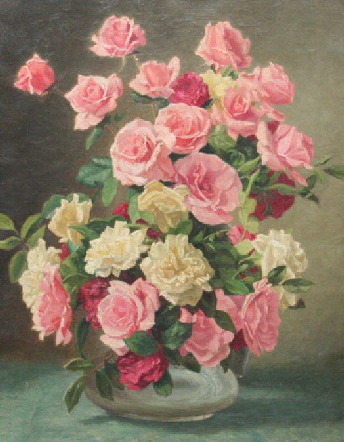H. Heyligers, 20th century, Still Life with Pink: H. Heyligers 20th century Still Life with Pink and White Roses oil on canvas signed "H. Heyligezs" (lower right) 27 x 21 inches.