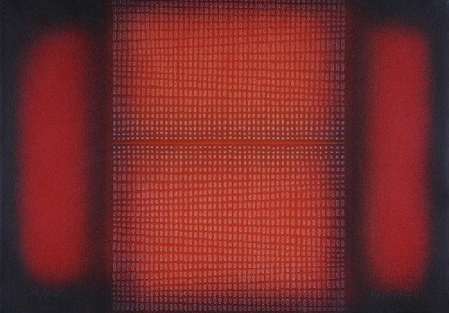 Paul Maxwell, (American, b. 1925), Red/Blue line: Paul Maxwell (American, b. 1925) Red/Blue line mixed media signed "Maxwell" (lower right) 29 x 40 1/2 inches.