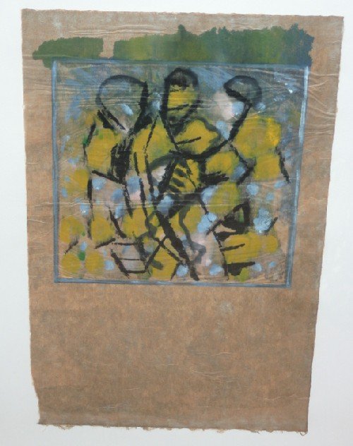 Lucio Pozzi, (Italian/American, b. 1935), Galax,: Lucio Pozzi (Italian/American, b. 1935) Galax, together with a color lithograph by Kenjilo Nanao and two prints and an oil on canvas. monoprint edition 1/1, titled, signed "Pozzi 1987" (lower right) 2