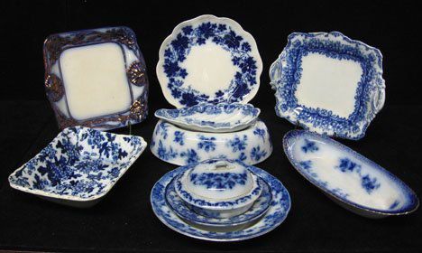 Group of assorted flow blue serving dishes, plates: Group of assorted flow blue serving dishes, plates and bowls by various makers Makers include: Mercer, Burgess & Leigh, Wood & Son, W.H. Grindley, Johnson Bros., Tyndale& Mitchell, Cauldon. Approx: 23