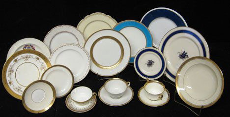 Large group of Assorted Porcelain and Gilt Edge D: Large group of Assorted Porcelain and Gilt Edge Dinnerware Sets Some dishware detailed with gilt edging and painted borders having the makers of Minton, Lenox, Haviland and Cauldon.