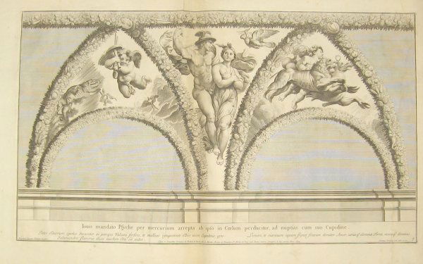 1 vol. Raphael Sanzio d'Urbino. Psyches et Amoris: 1 vol. Raphael Sanzio d'Urbino. Psyches et Amoris nuptia ac fabula. Rome: Dominici de Rubeis Io. Jacobi filli ac heredis, 1693. Lg. oblong folio, old flexible bds.; worn. 9 (of 12) engraved plates (1-