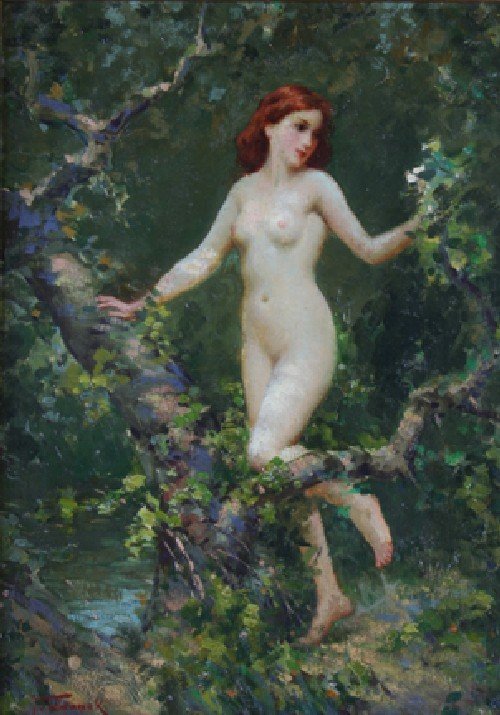 Joseph Tomanek, (American, 1889-1974), The Wood Nym: Joseph Tomanek (American, 1889-1974) The Wood Nymph oil on board signed "J. Tomanek" (lower left) 13 1/2 x 10 inches.