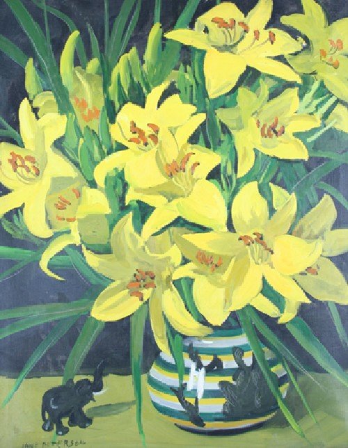 Jane Peterson, (American, 1876-1965), Lilies, 1952: Jane Peterson (American, 1876-1965) Lilies, 1952 oil on canvas signed "Jane Peterson" (lower left), title and date inscribed on verso 29 1/2 x 23 1/2 inches.
