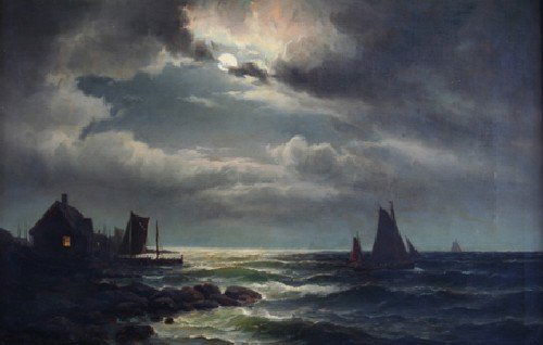 Carl Ludwig Bille, (Danish, 1815-1898), Boats in M: Carl Ludwig Bille (Danish, 1815-1898) Boats in Moonlight oil on canvas signed "Carl Bille 85" (lower left) 12 1/2 x 19 1/4 inches.