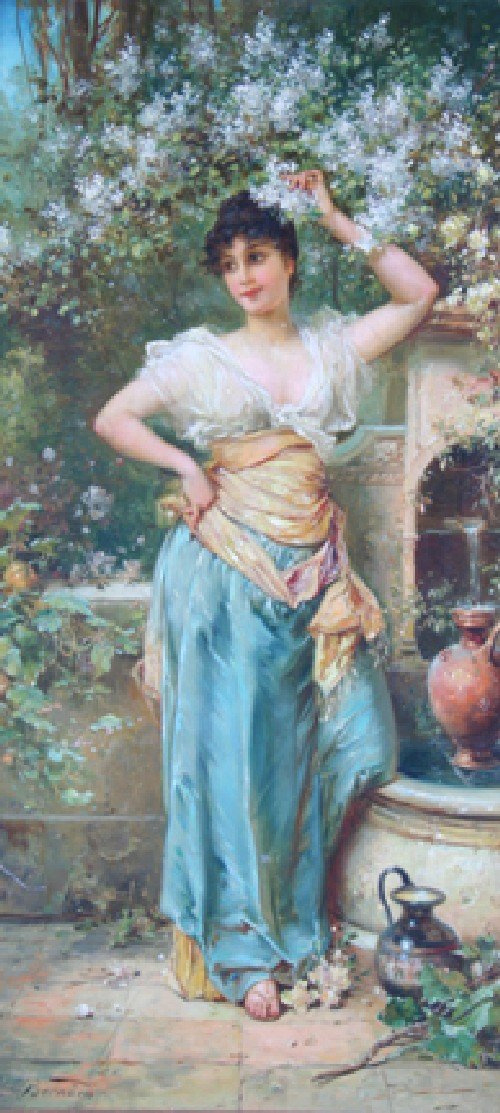 Joseph Bernard, (French, 1864-1933), At the Founta: Joseph Bernard (French, 1864-1933) At the Fountain oil on canvas signed "J. Bernard" (lower left) 21 x 10 1/2 inches.