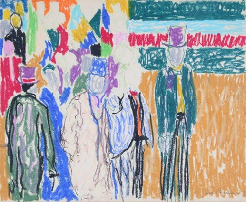 Howard Robert Fussiner, (American, b. 1923), Untit: Howard Robert Fussiner (American, b. 1923) Untitled Crowd Scene crayon, pencil signed "Howard Fussiner" (lower right) 13 x 16 inches.