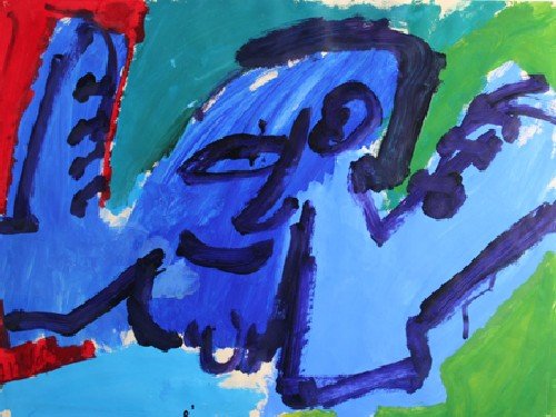 Jay Milder, (American, b. 1934), Blue Subway Runne: Jay Milder (American, b. 1934) Blue Subway Runner gouache signed "J Milder" (left edge) 18 x 23 1/2 inches. Bearing Martha Jackson Gallery, New York, 1964 label on verso.