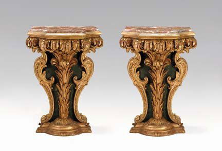 Pair of carved giltwood palmette console tables,: Pair of carved giltwood palmette console tables 19th century The shaped marble tops raised on richly carved scrolling leaf-molded supports, raised on further carved plinth bases. H: 39, W: 28, D: 16 i