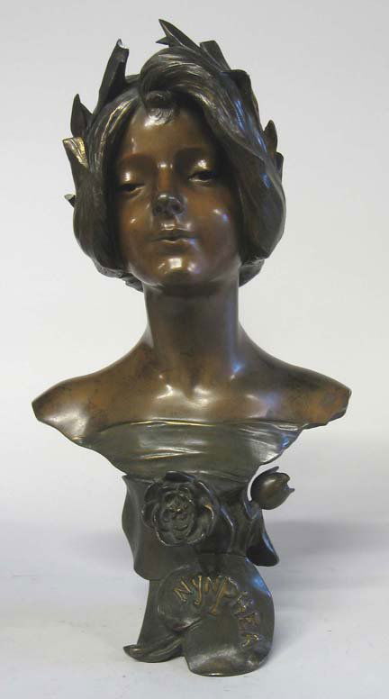 After Julien Causse (French), nynphea, White met: After Julien Causse (French) nynphea White metal, green and light brown patina, titled 'Nynphea' to the base, signed J. Causse. H: 18 3/4 in.