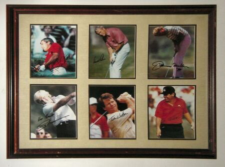 6 autographed colour photos; Strange, Palmer etc.: Six autographed colour photographs, depicting Curtis Strange, Arnold Palmer, Johnny Miller, Greg Norman, Tom Watson and Lee Trevino, framed as one and glazed, 69.5 cm (27 ¼ in) by 90 cm (35 ½ in) ov