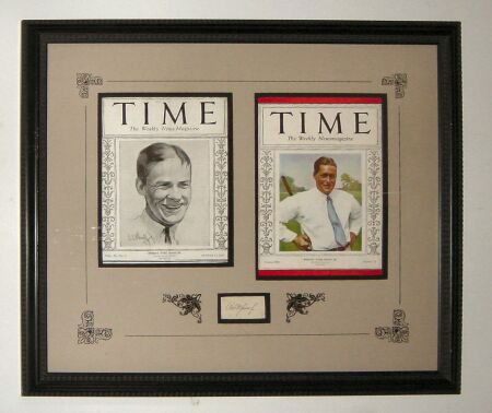 Two framed Time Magazine covers: Two framed Time Magazine covers, each depicting Robert Bobby" Tyre Jones, dated August 31, 1925 and Sept 22, 1930, framed as one, together with a fragment of paper bearing Jones' autograph, glazed, 58
