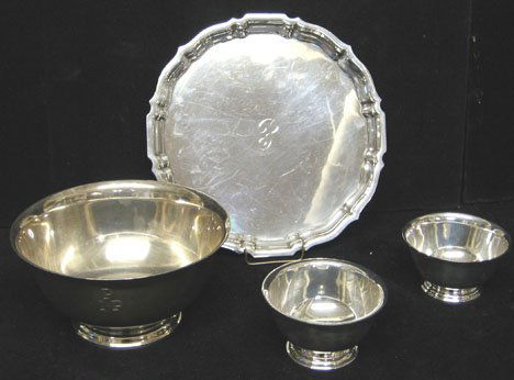 Three piece Paul Revere reproduction bowls by Gor: Three piece Paul Revere reproduction bowls by Gorham and a Chippendale" pattern tray by Gorham D of large bowl H: 4 5/8 x Dia:9 in., small bowls H: 3 x Dia: 4 3/*4 in., tray with engrave d"P" Dia: 12