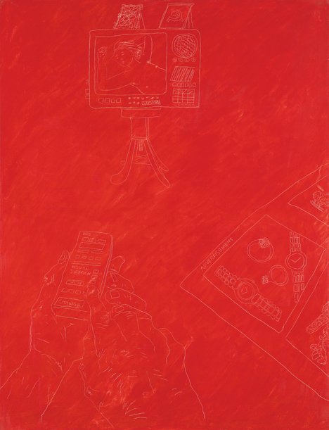 CONRAD ATKINSON, (BRITISH B. 1940), ADVERTISEMENT: CONRAD ATKINSON (BRITISH B. 1940) ADVERTISEMENT" Oil on canvas 68 x 52 in. (172.7 x 132.1cm) Executed in 1987 PROVENANCE: Ronald Feldman Fine Arts, Inc., New York, New York."