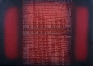 Paul Maxwell, (American, b. 1925), Red/Blue line: Paul Maxwell (American, b. 1925) Red/Blue line mixed media signed "Maxwell" (lower right) 29 x 40 1/2 inches.