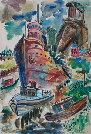 Misch Kohn, (American, b. 1916), Boats on the Cal: Misch Kohn (American, b. 1916) Boats on the Calumet River (additional painting on verso) watercolor signed "Misch Kohn" (lower right) 22 x 15 1/2 inches. Property from the Estate of Hal Nelson.