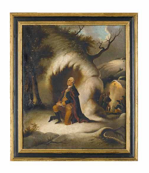 In the manner of Edward Hicks (1780-1849), washin: In the manner of Edward Hicks (1780-1849) washington praying at valley forge (after henry brueckner , 19th century) Unsigned, oil on canvas, framed. 24 x 20 in.