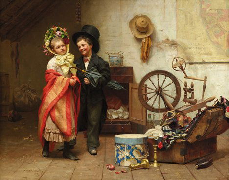 WILLIAM GILBERT GAUL, (AMERICAN 1855-1919), RAINY D: WILLIAM GILBERT GAUL (AMERICAN 1855-1919) RAINY DAY IN THE GARRET" Signed, inscribed and dated "Gilbert Gaul NY - 78" lower left, oil on canvas 27 x 34 in. (68.6 x 86.4cm) PROVENANCE: Peabody Institut