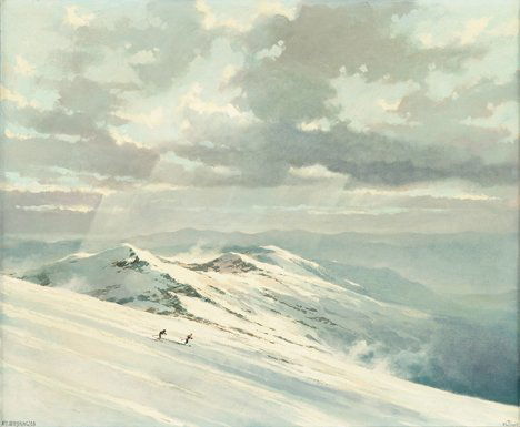 ERIC SLOANE, (AMERICAN 1905-1985), MT. WASHINGTON"": ERIC SLOANE (AMERICAN 1905-1985) MT. WASHINGTON" Signed "SLOANE" bottom right, inscribed with title bottom left, signed and inscribed verso, oil on board 19 7/8 x 23 3/4 in. (50.5 x 60.3cm)"