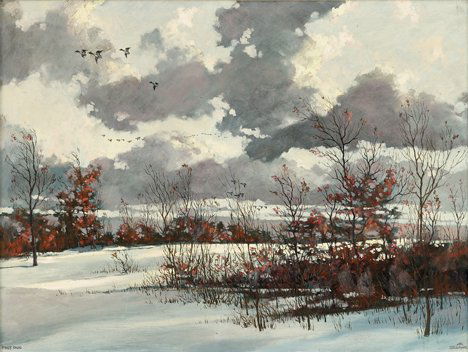 ERIC SLOANE, (AMERICAN 1905-1985), FIRST SNOW"": ERIC SLOANE (AMERICAN 1905-1985) FIRST SNOW" Signed "SLOANE" bottom right, inscribed with title bottom left, oil on board 17 3/4 x 23 3/4 in. (45 x 60.3cm)"