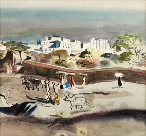 MILLARD SHEETS, (AMERICAN 1907-1989), INDIA CIRCA 1: MILLARD SHEETS (AMERICAN 1907-1989) INDIA CIRCA 1941" Signed "Millard Sheets" bottom left, watercolor 18 1/2 x 20 in. (47 x 50.8cm)"