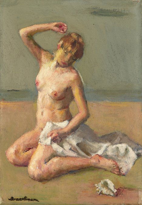 ROBERT BRACKMAN, (AMERICAN 1898-1980), AT THE BEACH: ROBERT BRACKMAN (AMERICAN 1898-1980) AT THE BEACH" Signed "Brackman" bottom left, signed inscribed with title and inscribed "NOANK Conn.", oil on canvas 12 x 8 1/4 in. (30.5 x 21cm)"