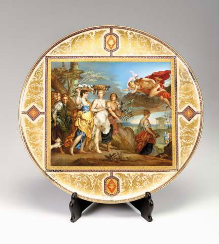 Large Vienna porcelain plaque, late 19th century,: Large Vienna porcelain plaque late 19th century The circular dished plaque painted with a central reserve depicting 'Mercury Falling in Love with Herse', after Jan Boeckhorst (German, 1605-1668), with