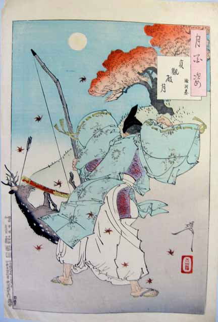YOSHITOSHI TAISO, (JAPANESE 1839-1892), MOON ON: YOSHITOSHI TAISO (JAPANESE 1839-1892) MOON ON THE JOGANDEN: MINAMOTO NO TSUNEMOTOfrom ONE HUNDRED ASPECTS OF THE MOON 1888 (Meiji 21), signedYoshitoshiand withTaisoseal; Akiya