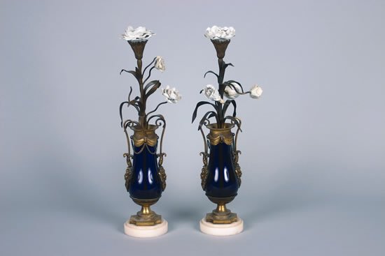 A Pair of Gilt Metal Mounted Cobalt Glass Candlest