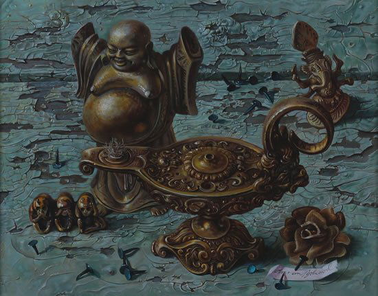 Aaron Bohrod (American, 1907-1992): Brass and Tacks, ca. 1970oil on gesso boardsigned "Aaron Bohron" (lower right)8 x 10 inches.