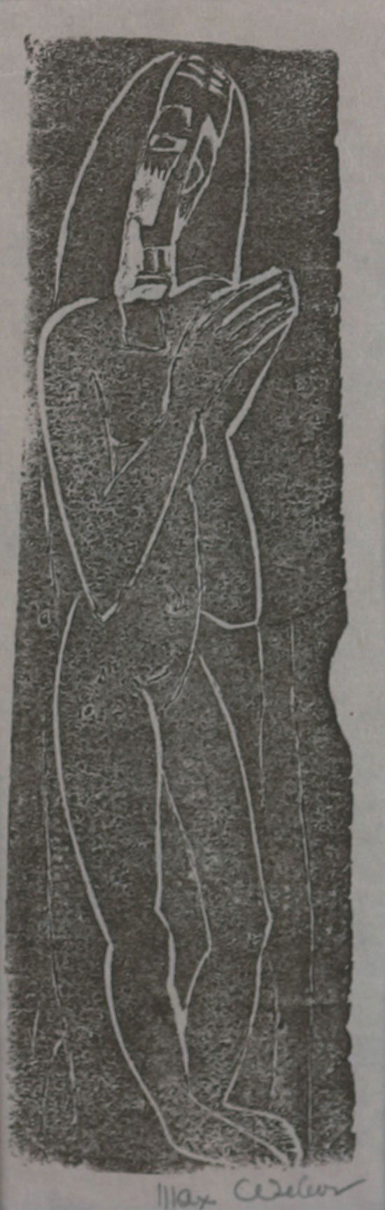 Max Weber (Swiss, 1897-1982): Prayerwoodcut, japan papersigned "Max Weber" (lower right)9 1/2 x 3 1/2 inches.