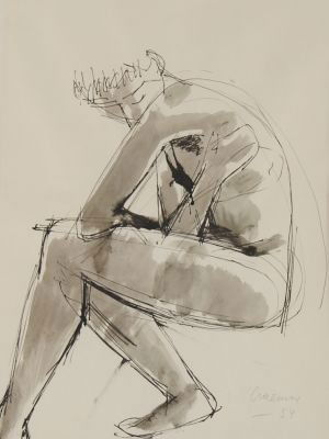 Konrad Cramer, (German/American, 1888-1963), Sitti: Konrad Cramer (German/American, 1888-1963) Sitting Nude ink and wash on paper signed "Cramer 54" (lower right) 17 x 13 inches.