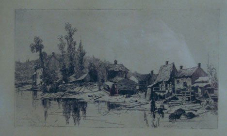 STEPHEN PARRISH (AMERICAN, 1846-1938) TWO VILLAGE: STEPHEN PARRISH (AMERICAN, 1846-1938) TWO VILLAGE SCENES Both pencil and plate signed, one titled Lewisberg on the scroon ", etching 7 1/8 x 10 1/2 in and 7 3/8 x 12 in. Both framed."