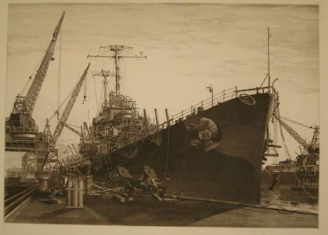 JOHN TAYLOR ARMS, (AMERICAN 1887-1953), U.S.S. CO: JOHN TAYLOR ARMS (AMERICAN 1887-1953) U.S.S. COLUMBIA UNDER CONSTRUCTION AT NEW YORK SHIPBUILDING CORPORATION, CAMDEN, NJ 1945, edition of 766. Pencil signed, dated and inscribed 'II' in the margin. E