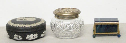Three piece Decorative Boxes and Jar, , Including: Three piece Decorative Boxes and Jar Including a small agate stone pin box, a black basalt Wedgwood covered box and a small cut glass and sterling top powder jar. H: of pin box 1 3/4 in x L: 3 1/4 in.