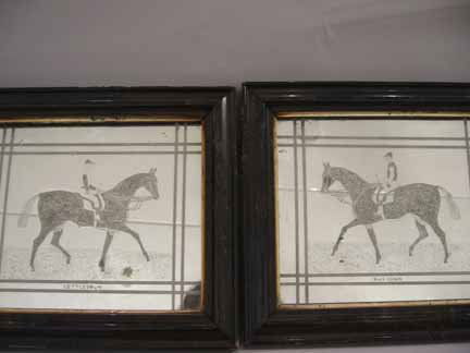 Etched equestrian mirrors, mid 19th century, A pai: Etched equestrian mirrors mid 19th century A pair of framed etched mirrors, depicting two famous English race horses with jockeys. The horses depicted were Kettledrum and Blue Gown, rider Frederick J.