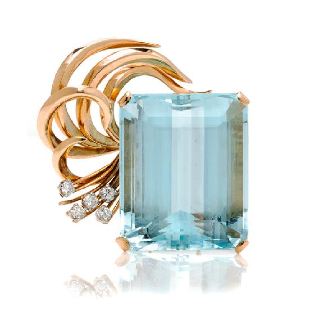 A Yellow Gold, Aquamarine and Diamond Clip/Brooch, (1 of 1)