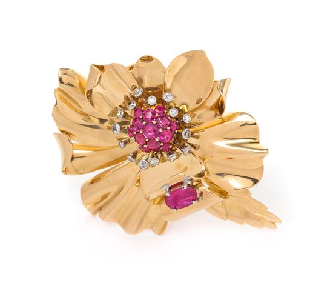 A Retro 18 Karat Yellow Gold, Ruby and Diamond Brooch, (1 of 1)