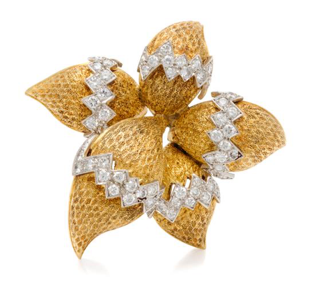 An 18 Karat Yellow Gold, Platinum and Diamond Flower (1 of 1)